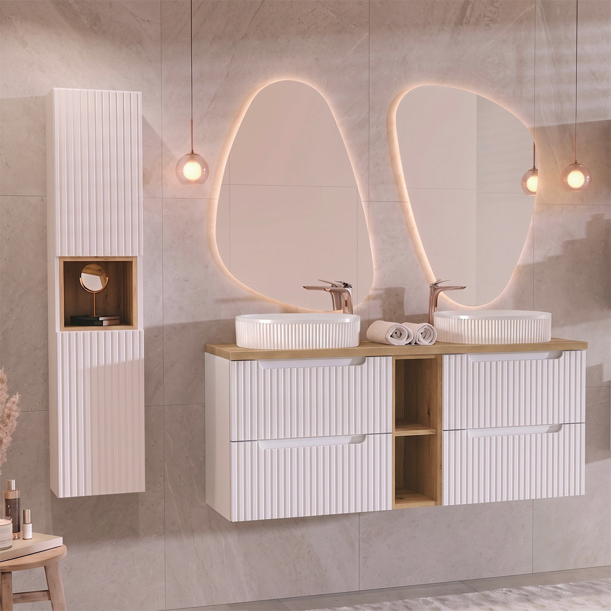 Ensemble meuble double vasque 140cm 4 tiroirs 2 niches et colonne Riva Blanc et Bois