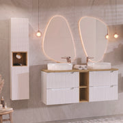 Ensemble meuble double vasque 140cm 4 tiroirs 2 niches et colonne Riva Blanc et Bois