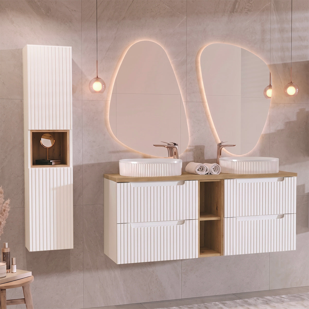 Ensemble meuble double vasque 140cm 4 tiroirs 2 niches et colonne Riva Blanc et Bois