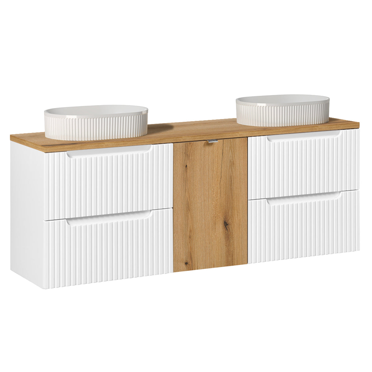 Ensemble meuble double vasque 160cm panier à linge et colonne Riva Blanc et Bois - vue 2