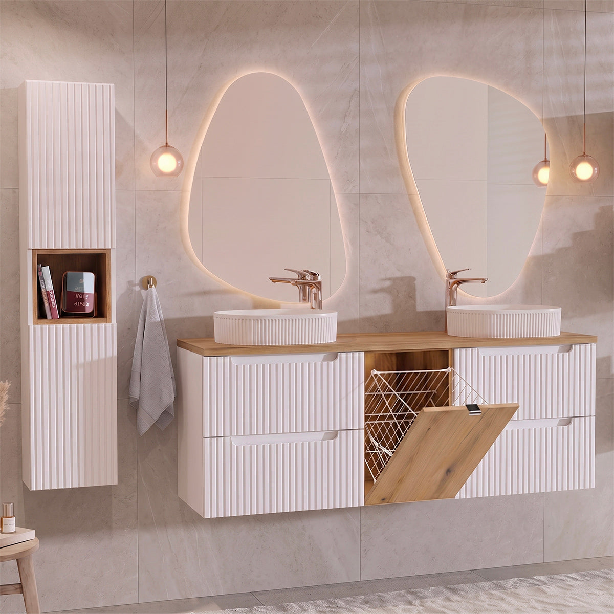 Ensemble meuble double vasque 160cm panier à linge et colonne Riva Blanc et Bois