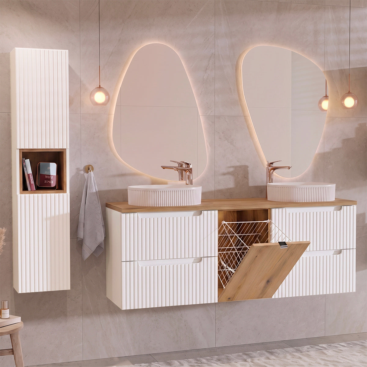 Ensemble meuble double vasque 160cm panier à linge et colonne Riva Blanc et Bois