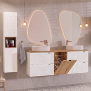Ensemble meuble double vasque 160cm panier à linge et colonne Riva Blanc et Bois