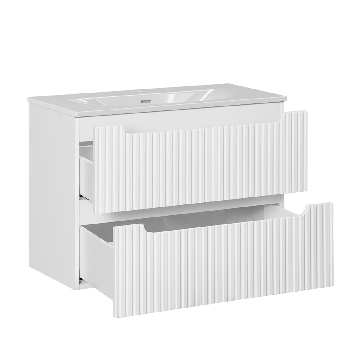 Ensemble meuble simple vasque encastrée 80cm 2 tiroirs et colonne Riva Blanc et Bois - vue 3