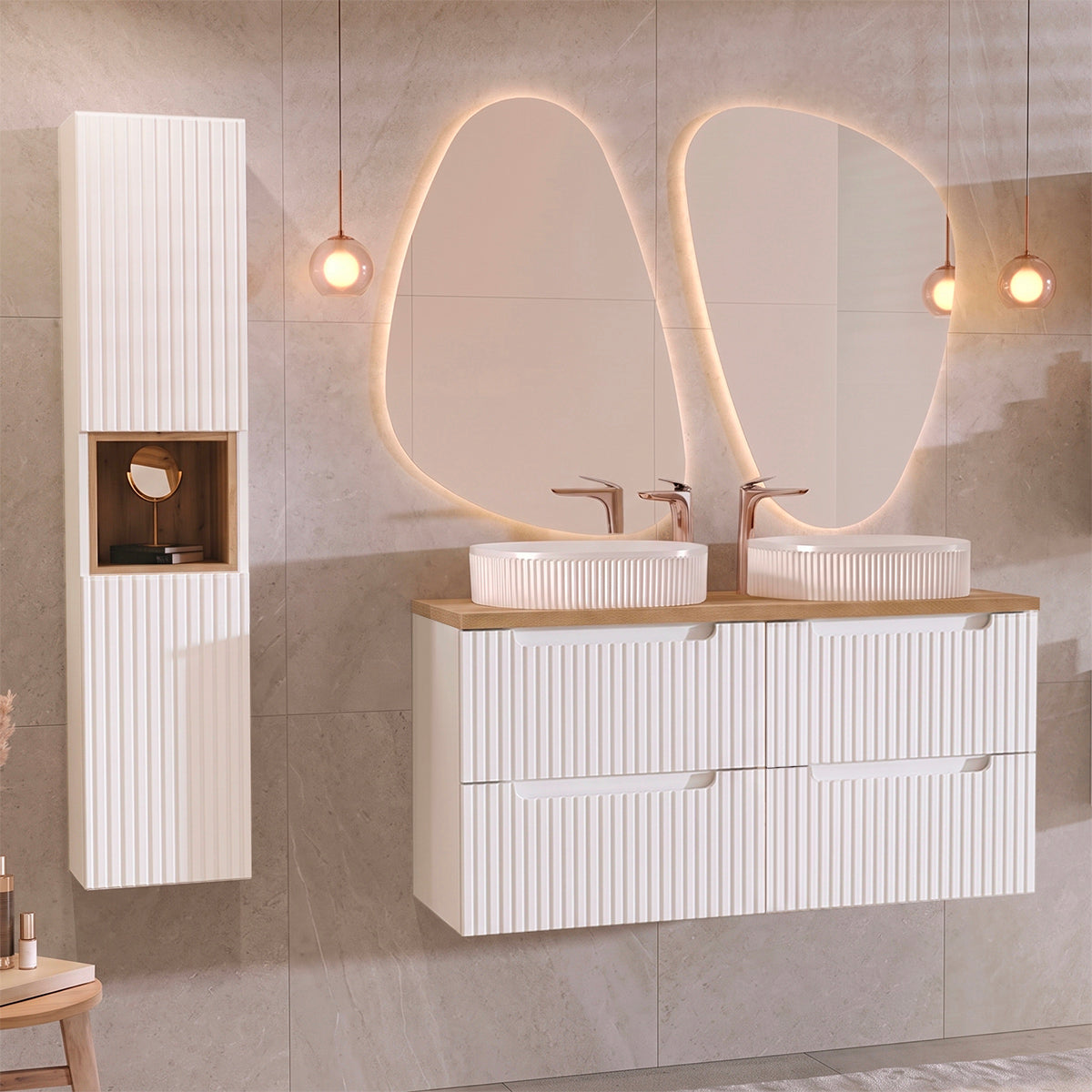 Ensemble meuble double vasque 120cm 4 tiroirs et colonne Riva Blanc et Bois