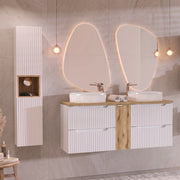 Ensemble meuble double vasque 140cm 4 tiroirs et colonne Riva Blanc et Bois