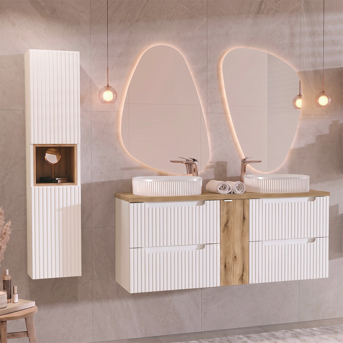 Ensemble meuble double vasque 140cm 4 tiroirs et colonne Riva Blanc et Bois