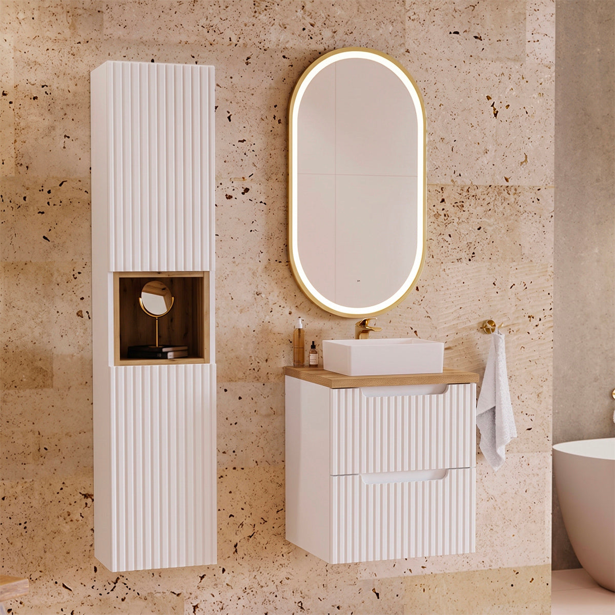Ensemble meuble simple vasque 50cm 2 tiroirs et colonne Riva Blanc et Bois