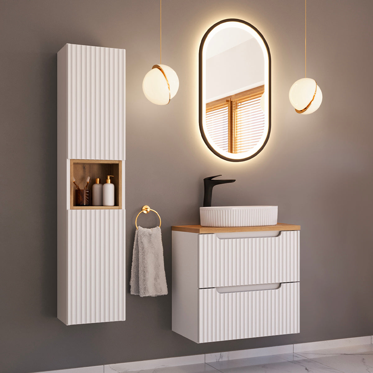 Ensemble meuble simple vasque 60cm 2 tiroirs et colonne Riva Blanc et Bois