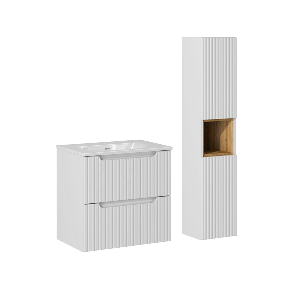 Ensemble meuble simple vasque encastrée 60cm 2 tiroirs et colonne Riva Blanc et Bois