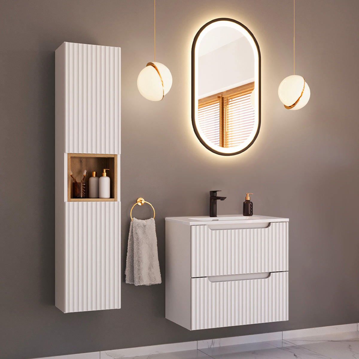 Ensemble meuble simple vasque encastrée 60cm 2 tiroirs et colonne Riva Blanc et Bois