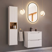 Ensemble meuble simple vasque encastrée 60cm 2 tiroirs et colonne Riva Blanc et Bois
