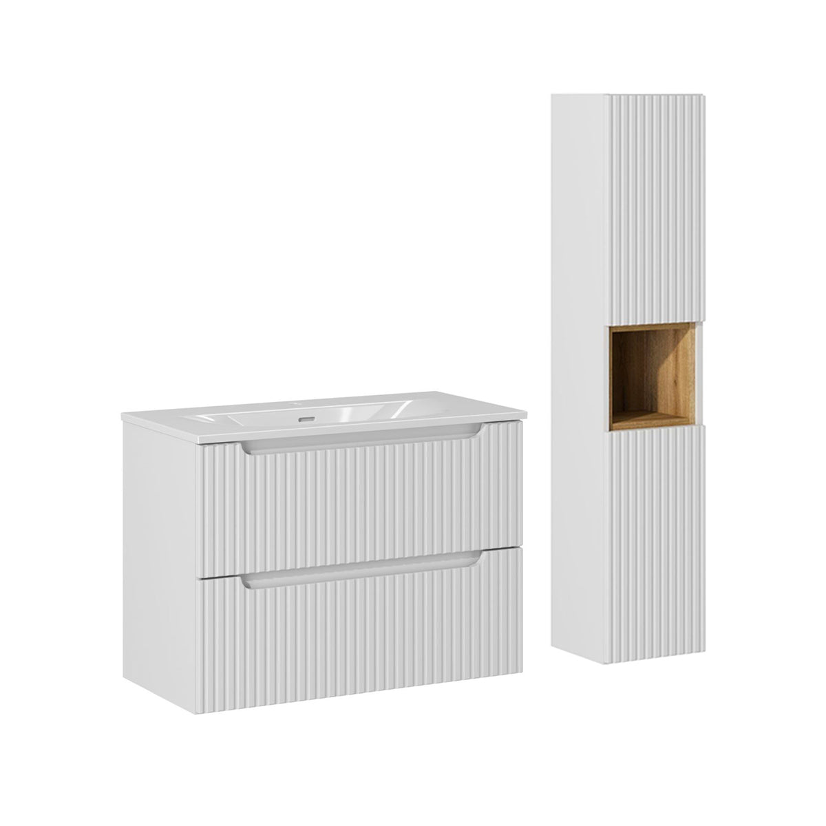 Ensemble meuble simple vasque encastrée 80cm 2 tiroirs et colonne Riva Blanc et Bois