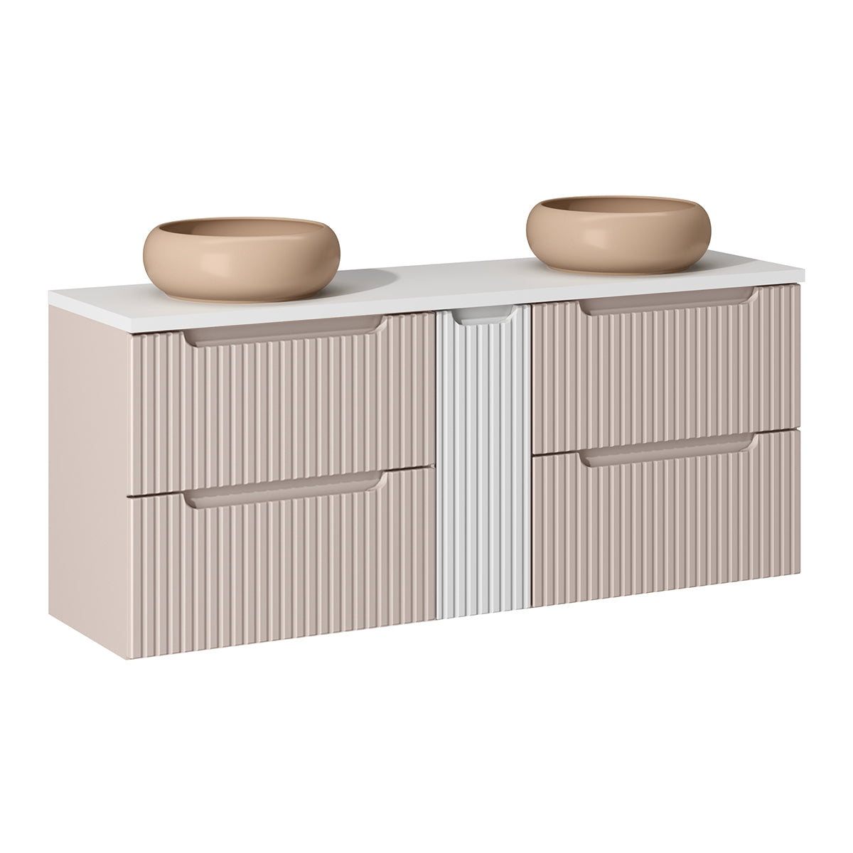 Ensemble meuble double vasque 140cm 4 tiroirs et colonne Riva Cachemire et Blanc - vue 3