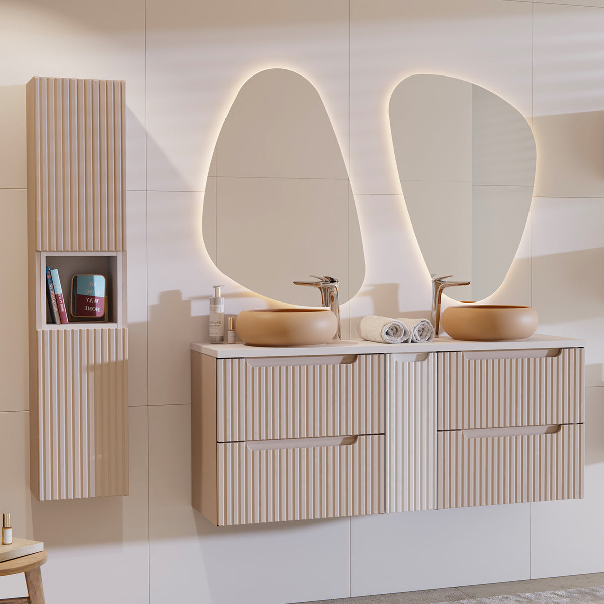 Meuble sous-vasque 140cm 4 tiroirs plan de toilette Riva Cachemire et Blanc - vue 4
