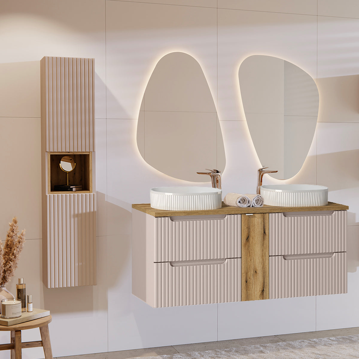 Meuble double vasque 140cm 4 tiroirs Riva Cachemire et Bois - vue 5
