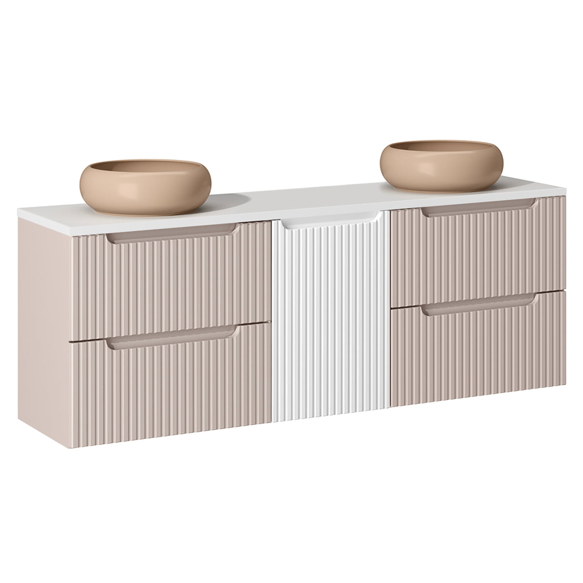 Ensemble meuble double vasque 160cm panier à linge et colonne Riva Cachemire et Blanc - vue 3