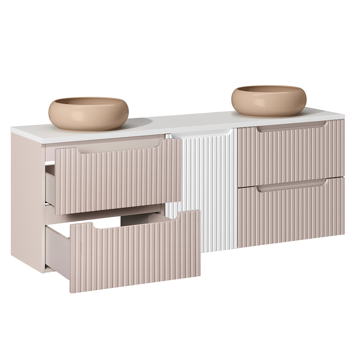 Meuble double vasque 160cm panier à linge Riva Cachemire et Blanc - vue 2