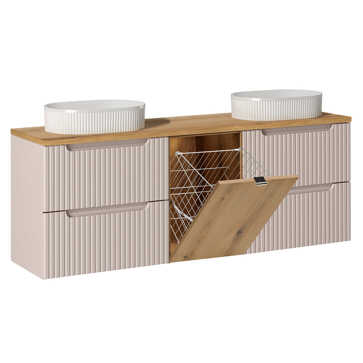 Ensemble meuble double vasque 160cm panier à linge et colonne Riva Cachemire et Bois - vue 4