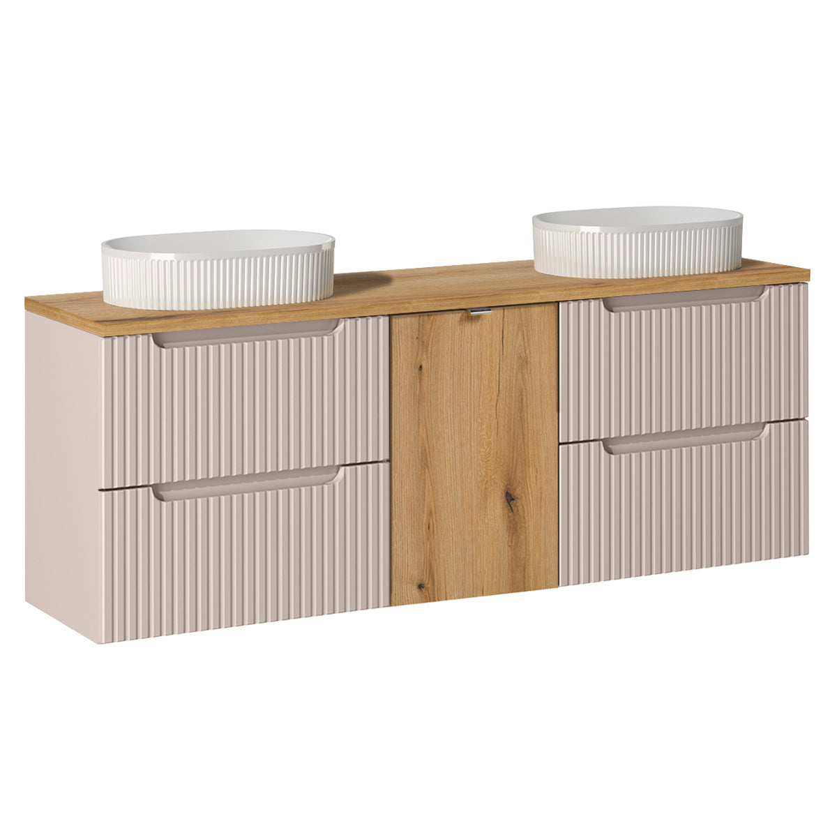 Ensemble meuble double vasque 160cm panier à linge et colonne Riva Cachemire et Bois - vue 3