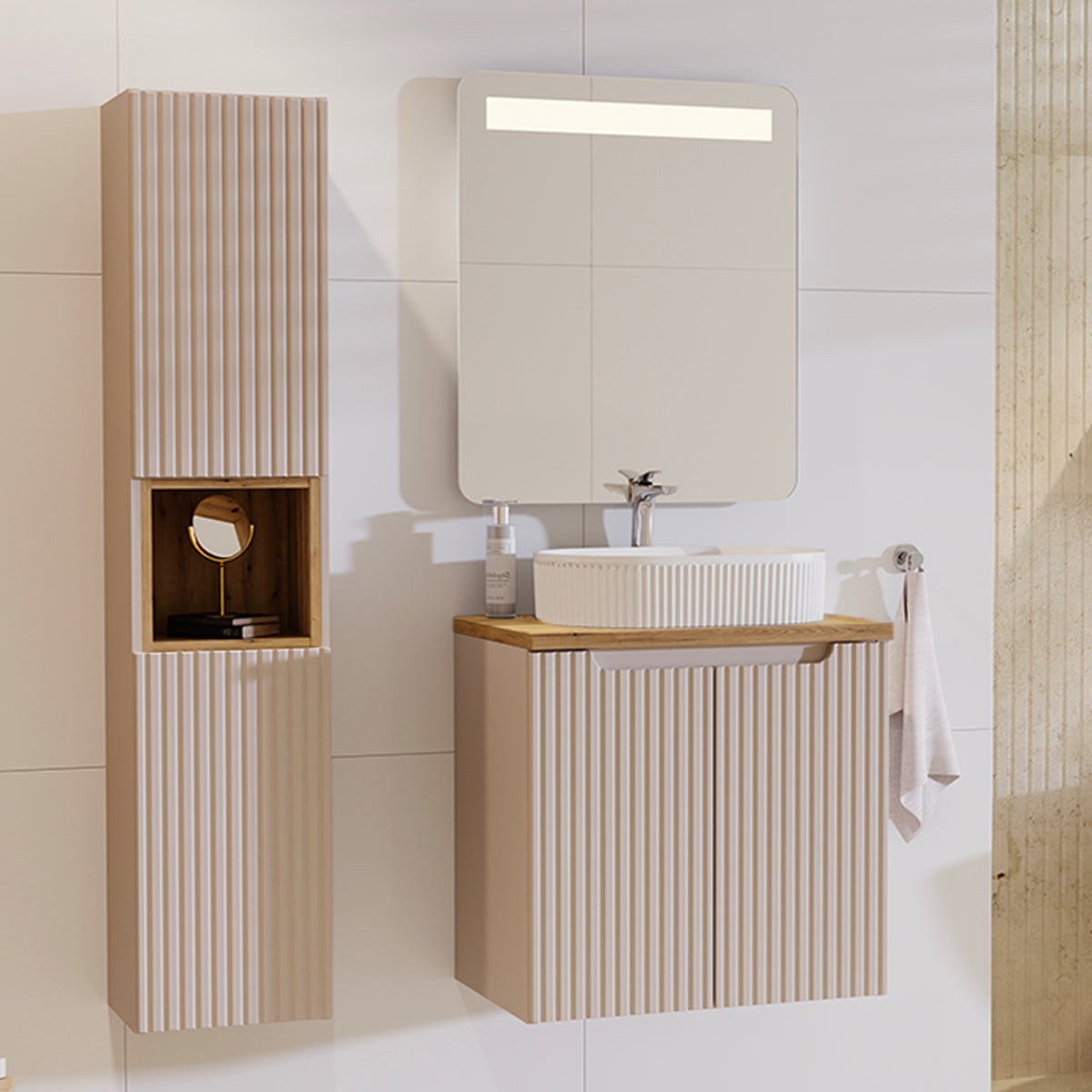 Meuble simple vasque 60cm 2 portes Riva Cachemire et Bois - vue 4