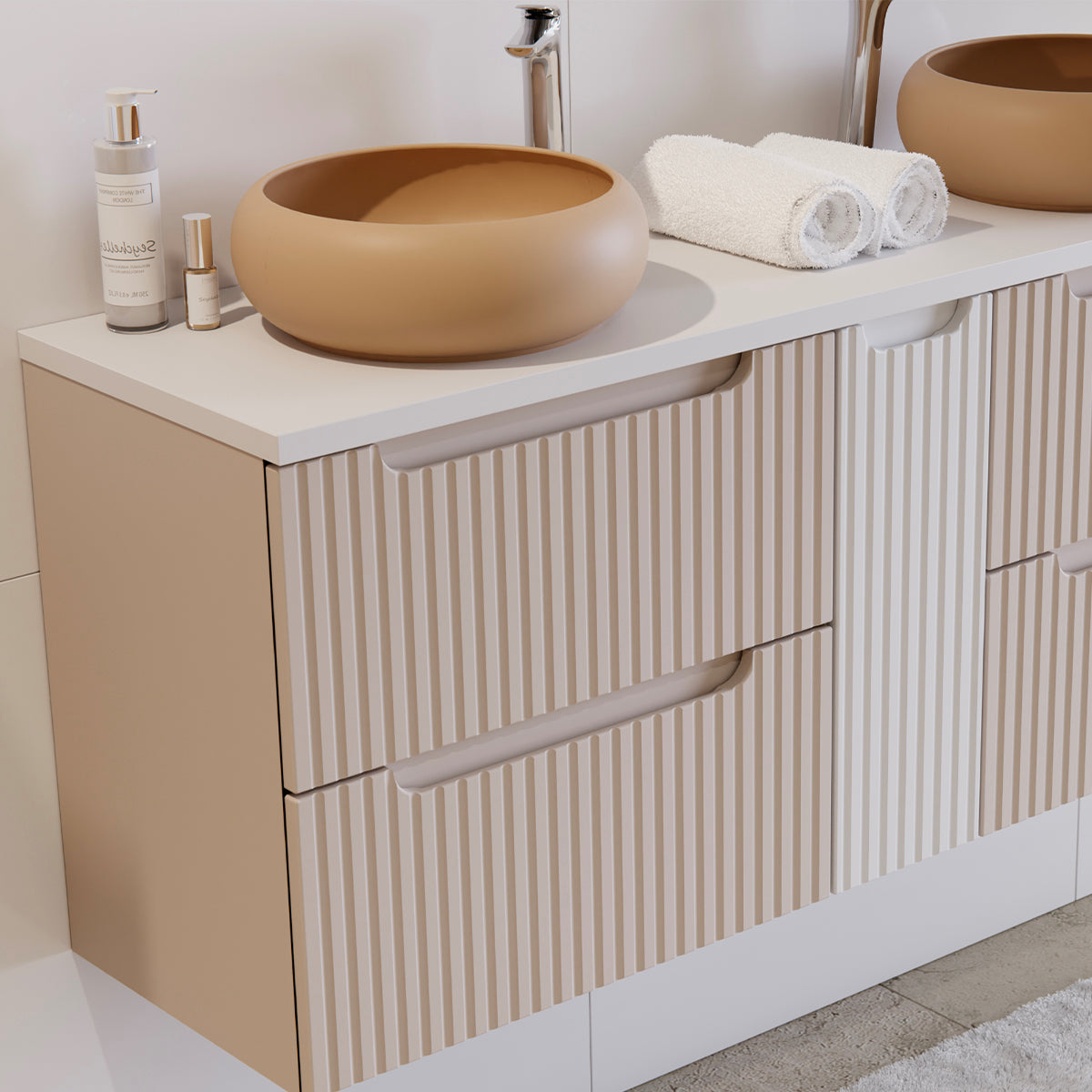 Meuble double vasque 140cm 4 tiroirs Riva Cachemire et Blanc - vue 4