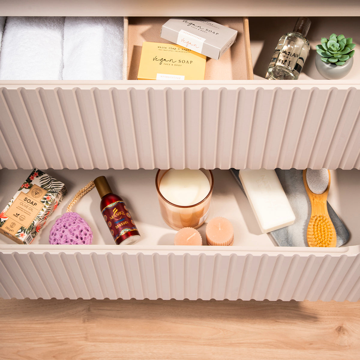Meuble double vasque 140cm 4 tiroirs Riva Cachemire et Blanc - vue 6