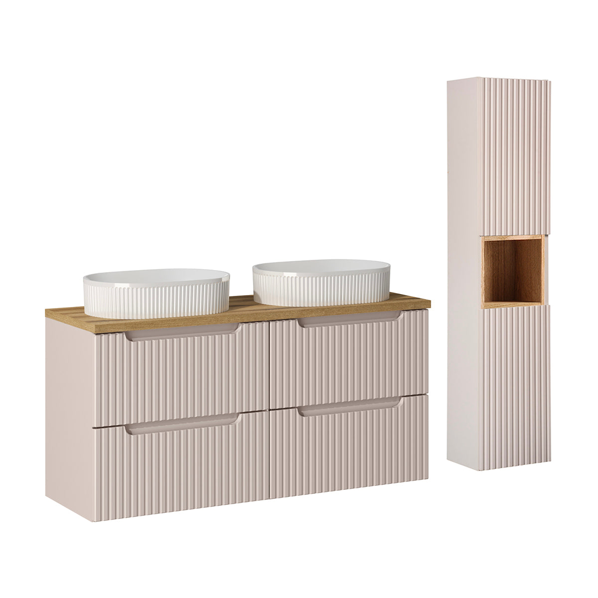Ensemble meuble double vasque 120cm 4 tiroirs et colonne Riva Cachemire et Bois - vue 2