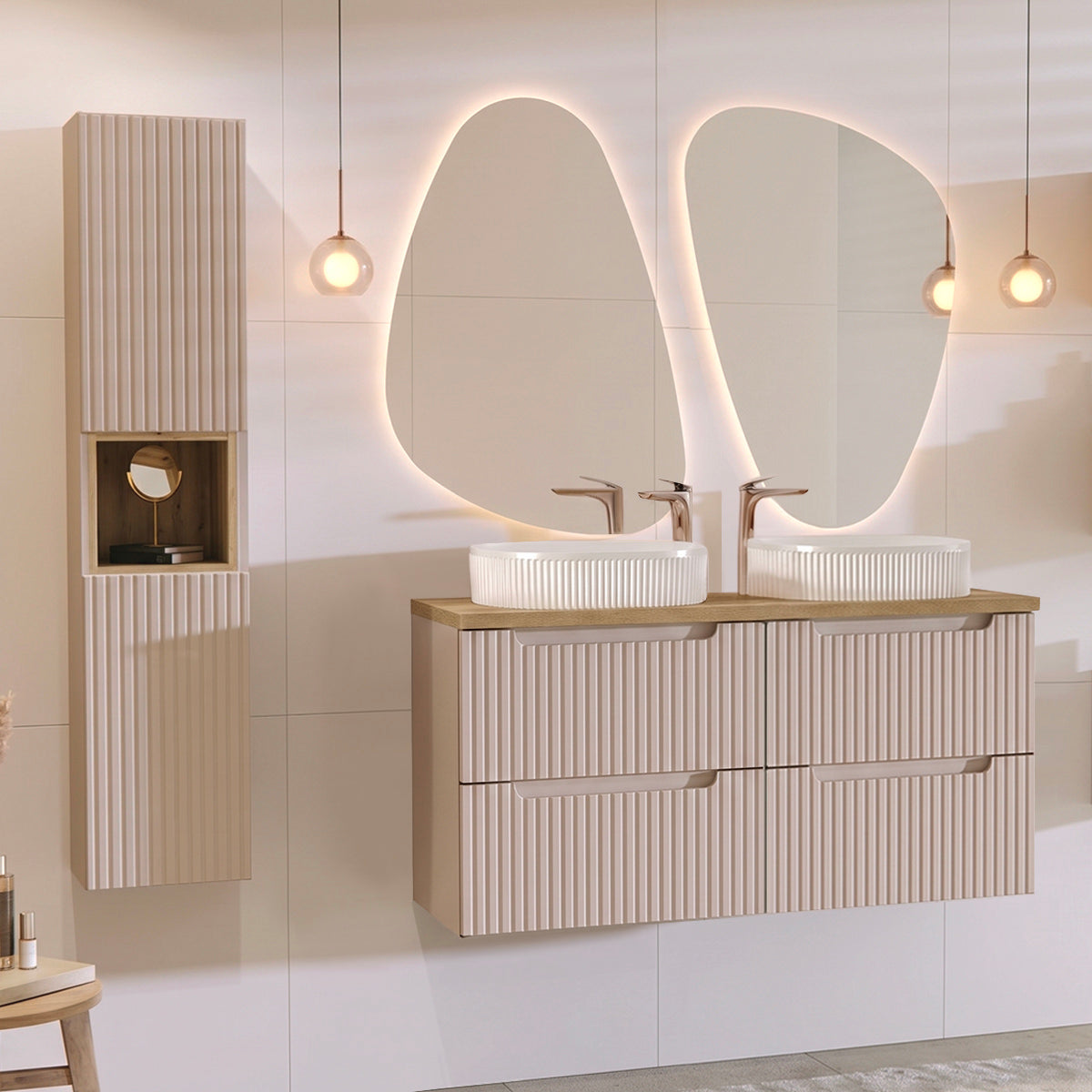 Ensemble meuble double vasque 120cm 4 tiroirs et colonne Riva Cachemire et Bois