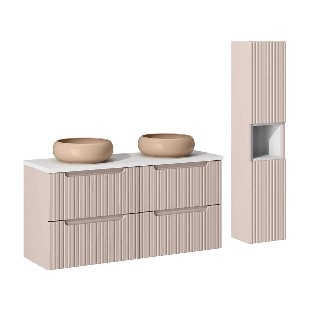 Ensemble meuble double vasque 120cm 4 tiroirs et colonne Riva Cachemire et Blanc