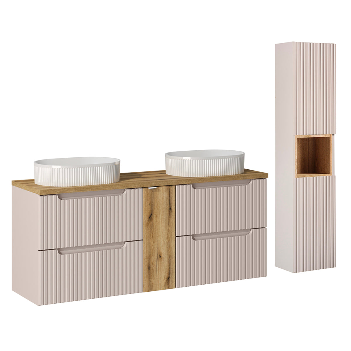 Ensemble meuble double vasque 140cm 4 tiroirs et colonne Riva Cachemire et Bois - vue 2