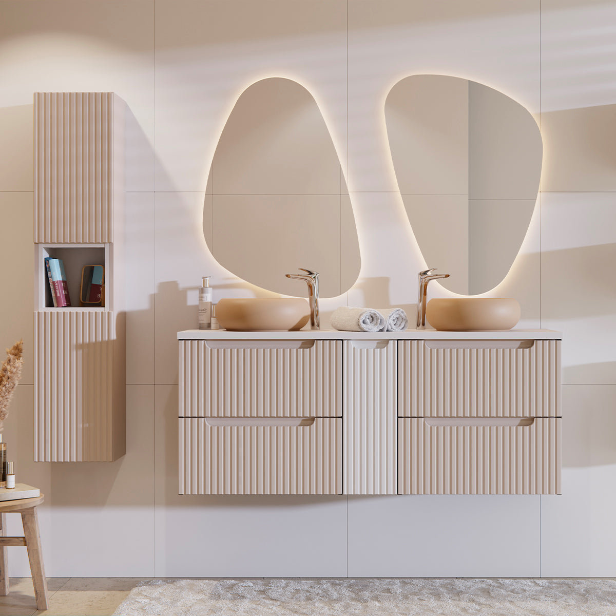 Ensemble meuble double vasque 140cm 4 tiroirs et colonne Riva Cachemire et Blanc - vue 9