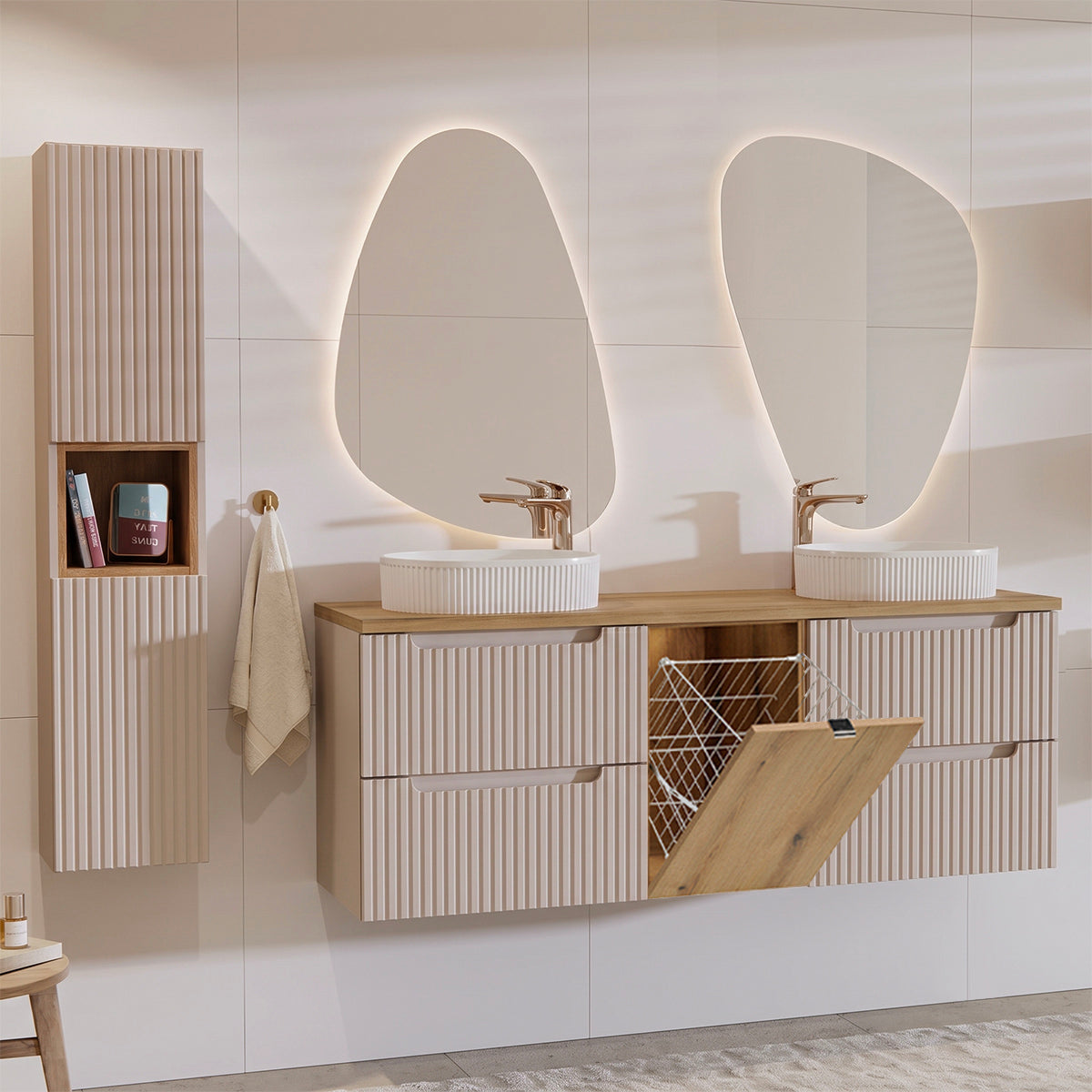 Ensemble meuble double vasque 160cm panier à linge et colonne Riva Cachemire et Bois