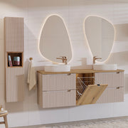 Ensemble meuble double vasque 160cm panier à linge et colonne Riva Cachemire et Bois
