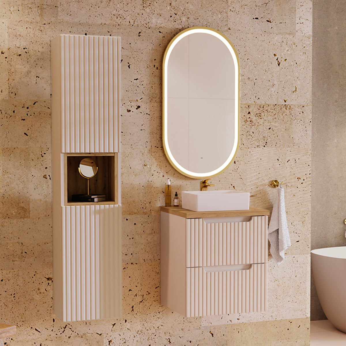 Ensemble meuble simple vasque 50cm 2 tiroirs et colonne Riva Cachemire et Bois