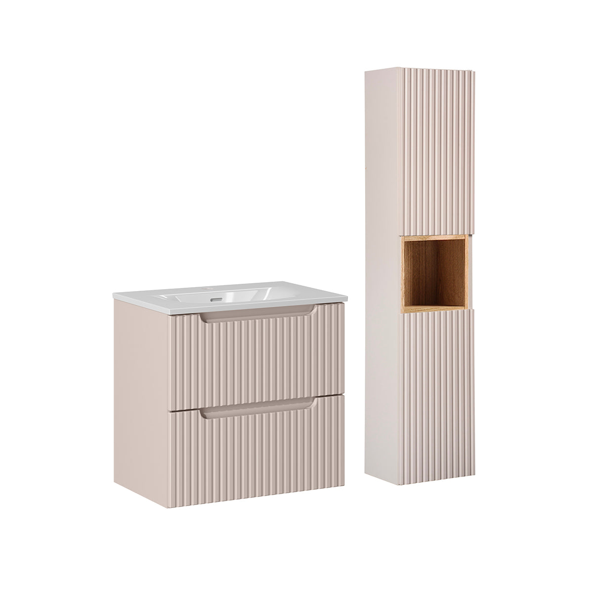 Ensemble meuble simple vasque encastrée 60cm 2 tiroirs et colonne Riva Cachemire et Bois