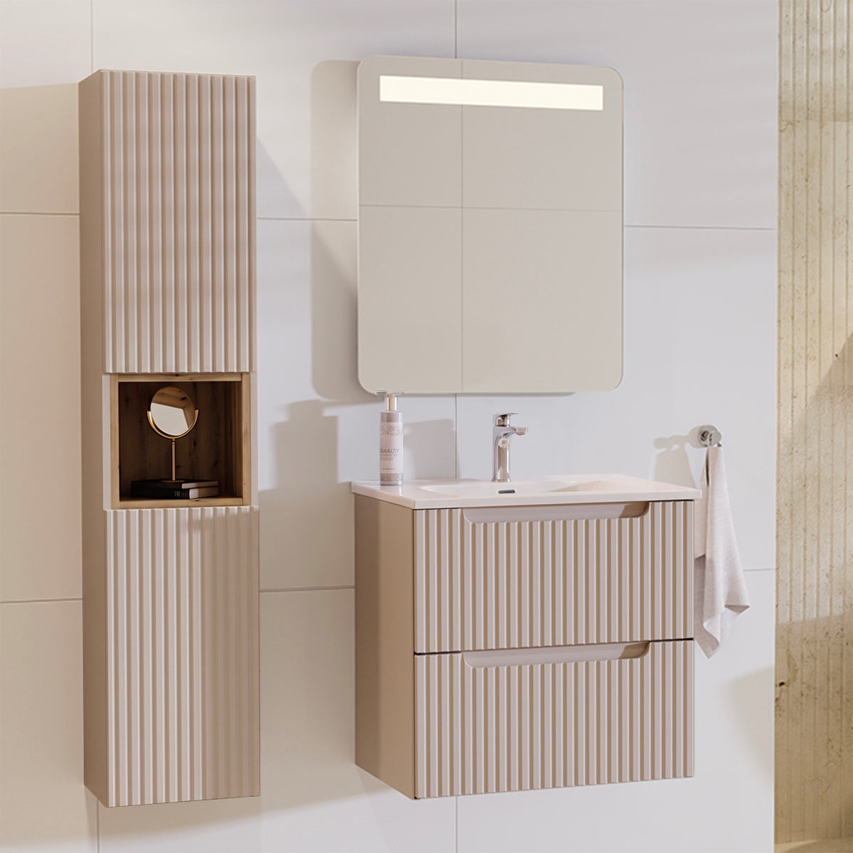 Ensemble meuble simple vasque encastrée 60cm 2 tiroirs et colonne Riva Cachemire et Bois