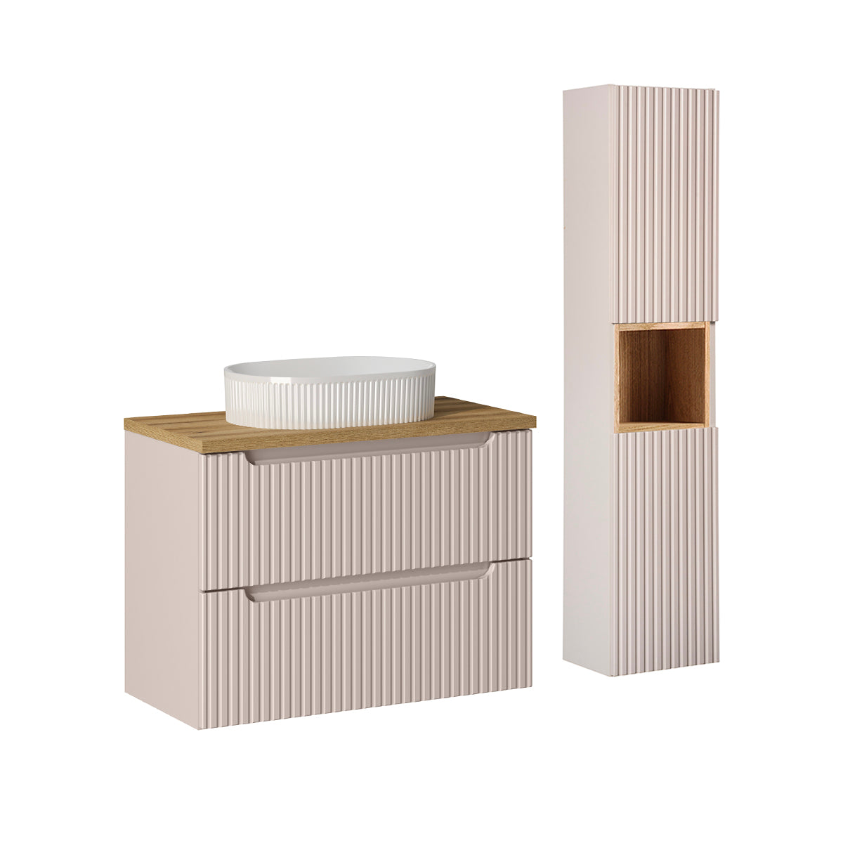 Ensemble meuble simple vasque 80cm 2 tiroirs et colonne Riva Cachemire et Bois