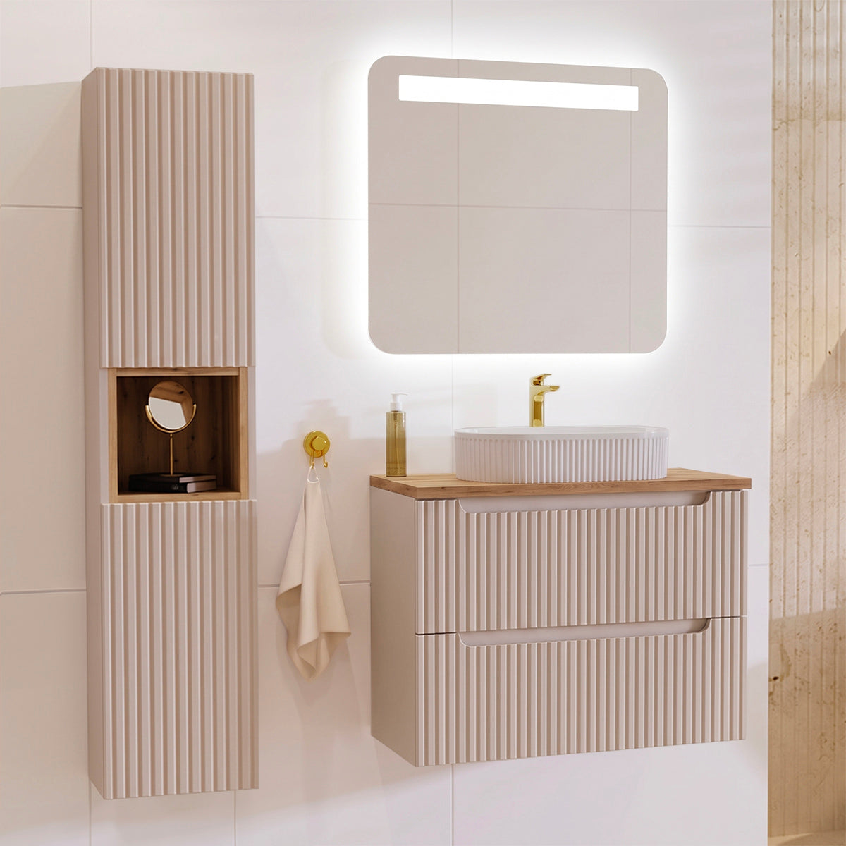 Ensemble meuble simple vasque 80cm 2 tiroirs et colonne Riva Cachemire et Bois
