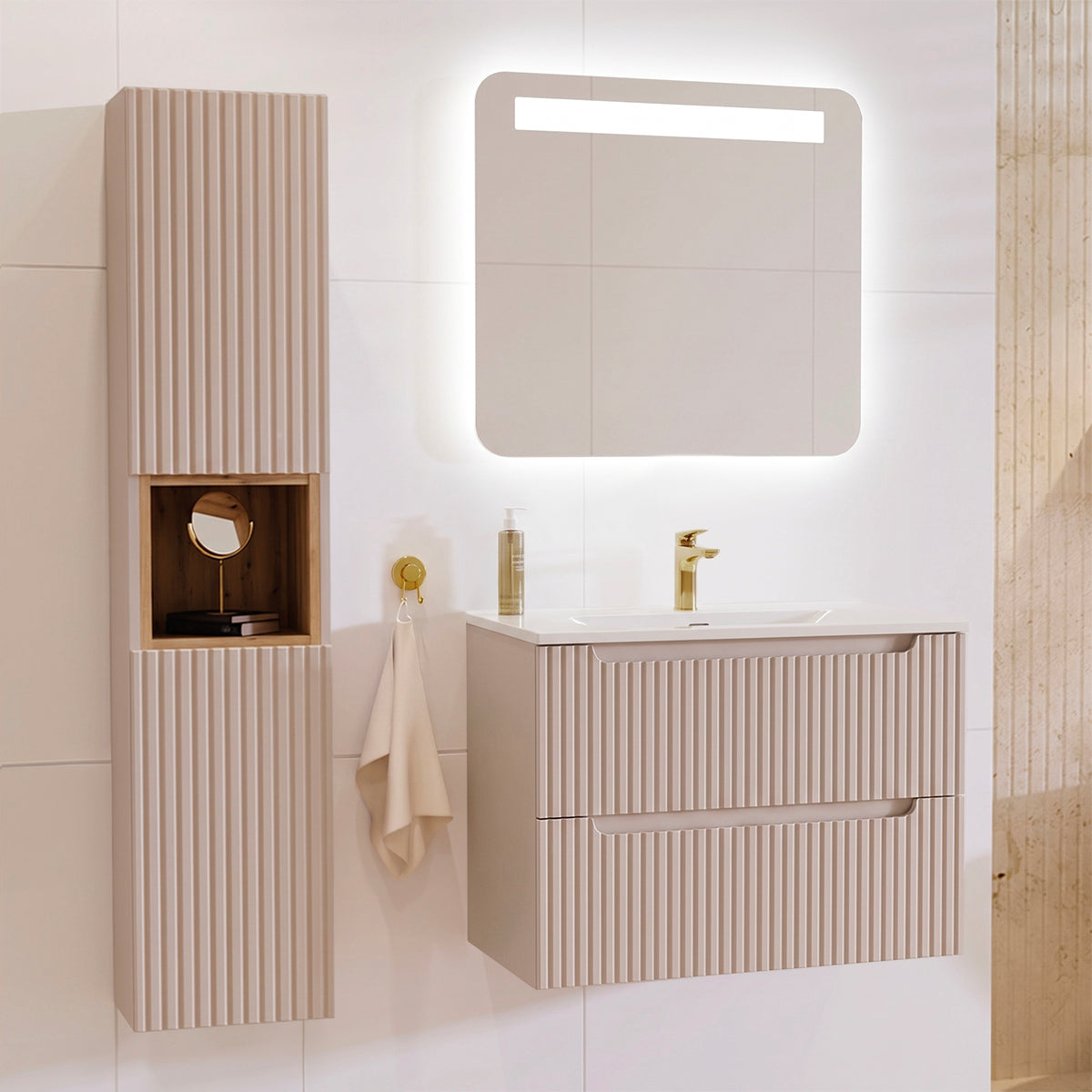 Ensemble meuble simple vasque encastrée 80cm 2 tiroirs et colonne Riva Cachemire et Bois