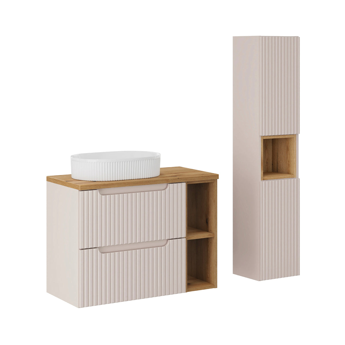 Ensemble meuble simple vasque 80cm 2 tiroirs 2 niches et colonne Riva Cachemire et Bois