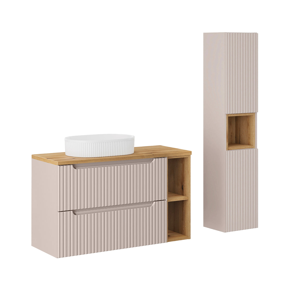 Ensemble meuble simple vasque 100cm 2 tiroirs 2 niches et colonne Riva Cachemire et Bois