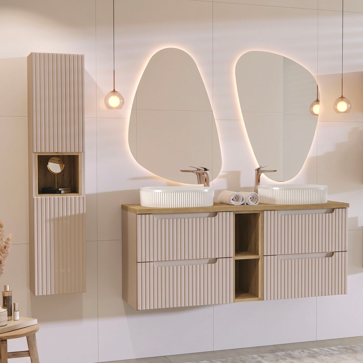Ensemble meuble double vasque 140cm 4 tiroirs 2 niches et colonne Riva Cachemire et Bois