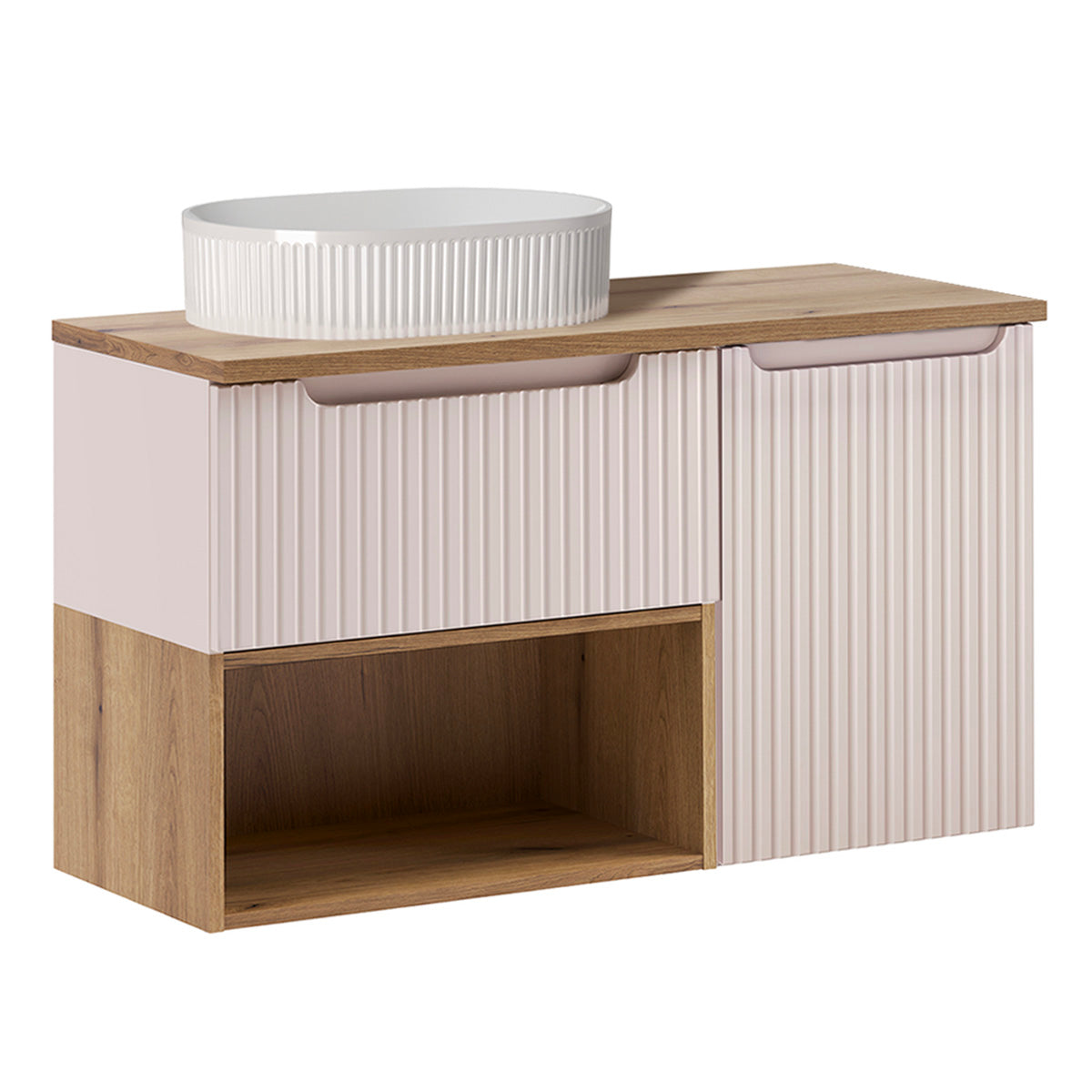 Meuble simple vasque 100cm panier à linge Riva Cachemire et Bois - vue 2