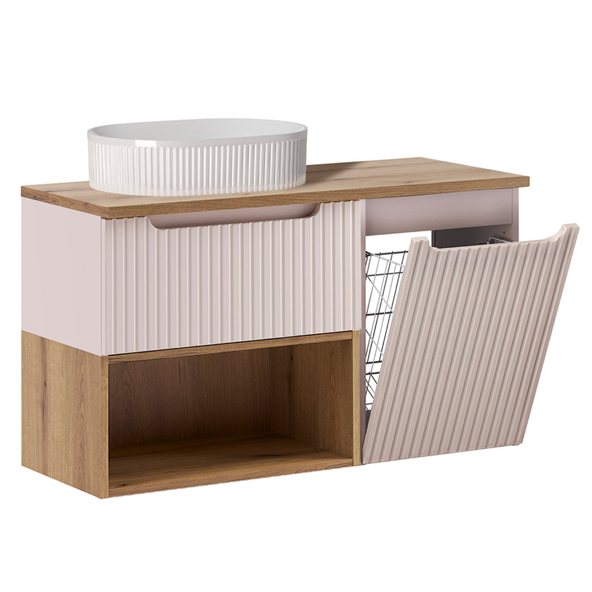 Ensemble meuble simple vasque 100cm panier à linge et colonne Riva Cachemire et Bois - vue 3