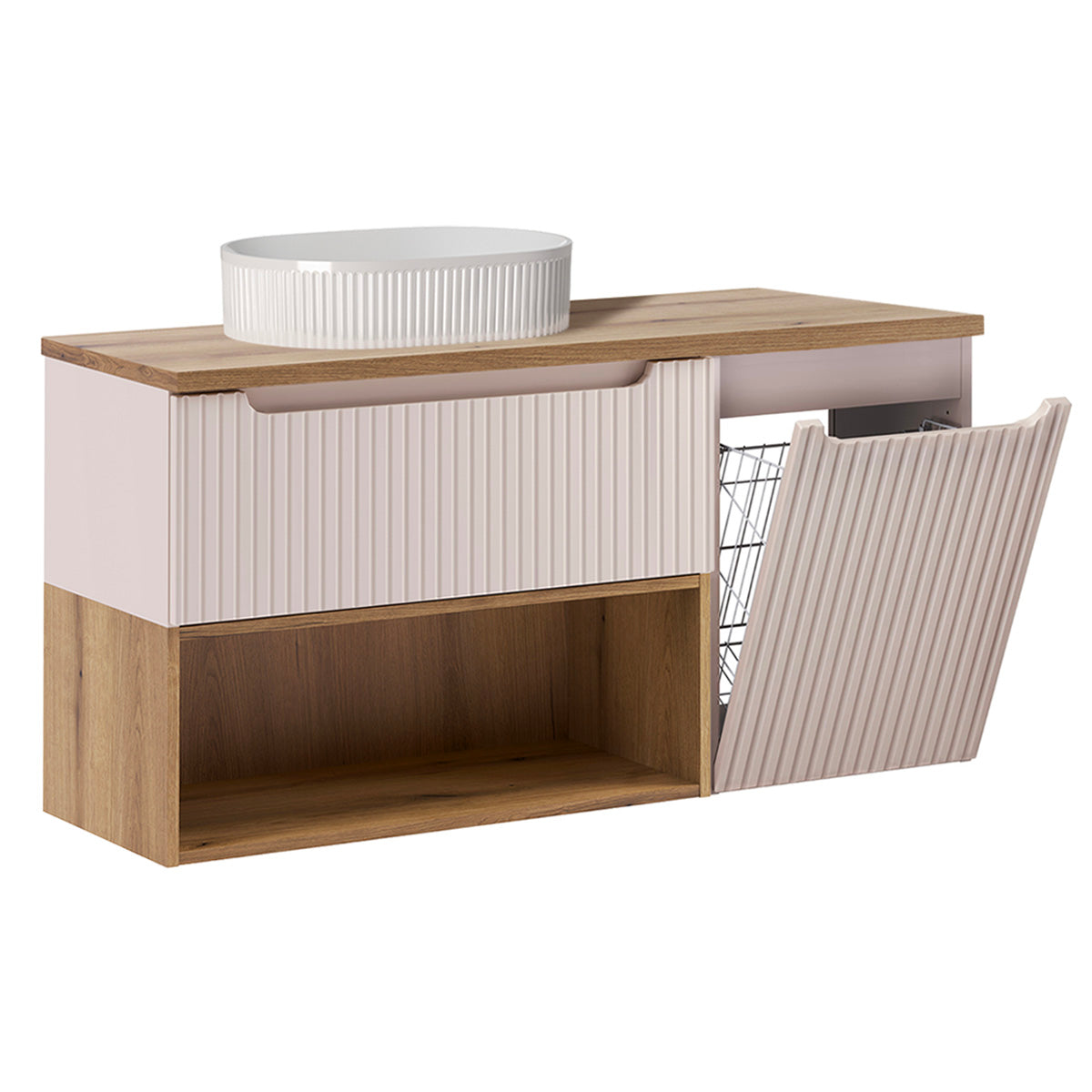 Ensemble meuble simple vasque 120cm panier à linge et colonne Riva Cachemire et Bois - vue 2