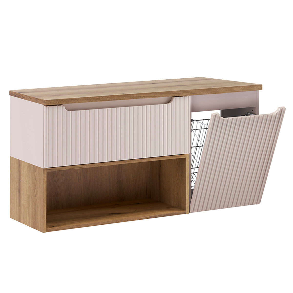 Ensemble meuble sous-vasque 120cm panier à linge et colonne Riva Cachemire et Bois - vue 3
