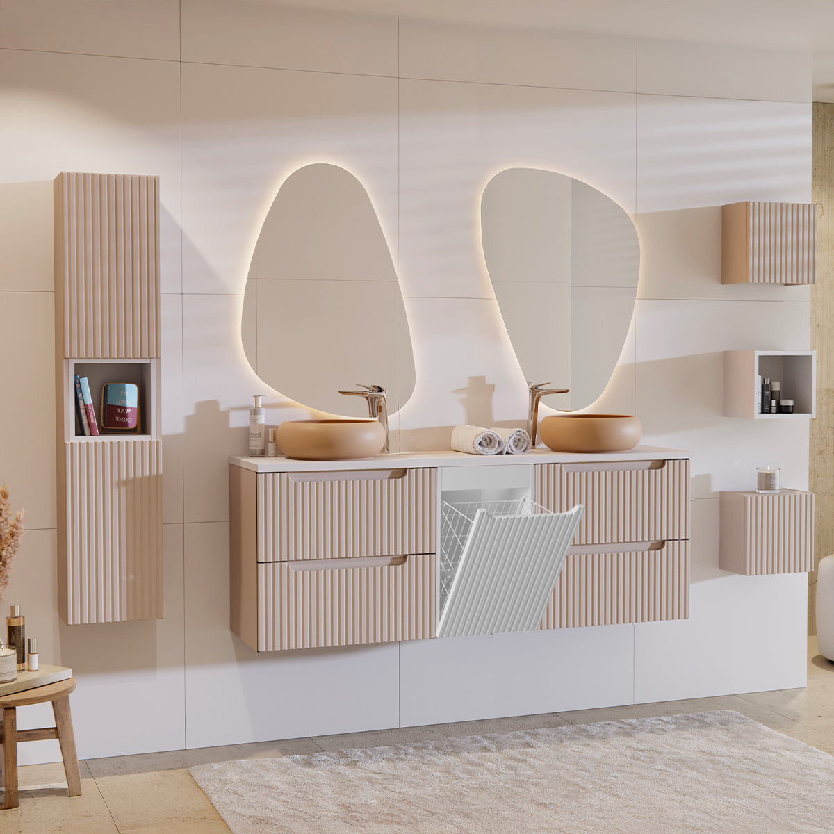 Meuble double vasque 160cm panier à linge Riva Cachemire et Blanc - vue 3