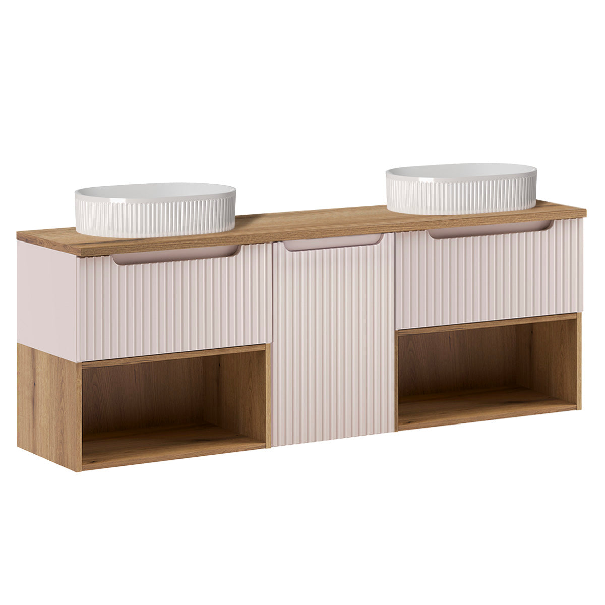 Meuble double vasque 160cm panier à linge niches Riva Cachemire et Bois - vue 2