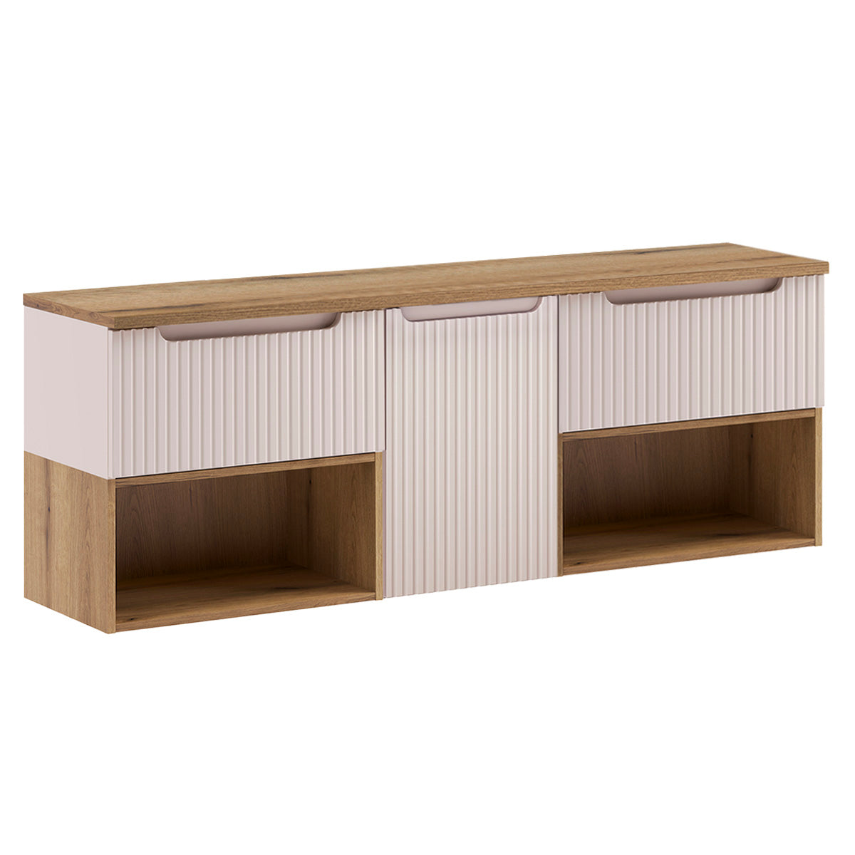 Ensemble meuble sous-vasque 160cm panier à linge niches et colonne Riva Cachemire et Bois - vue 2